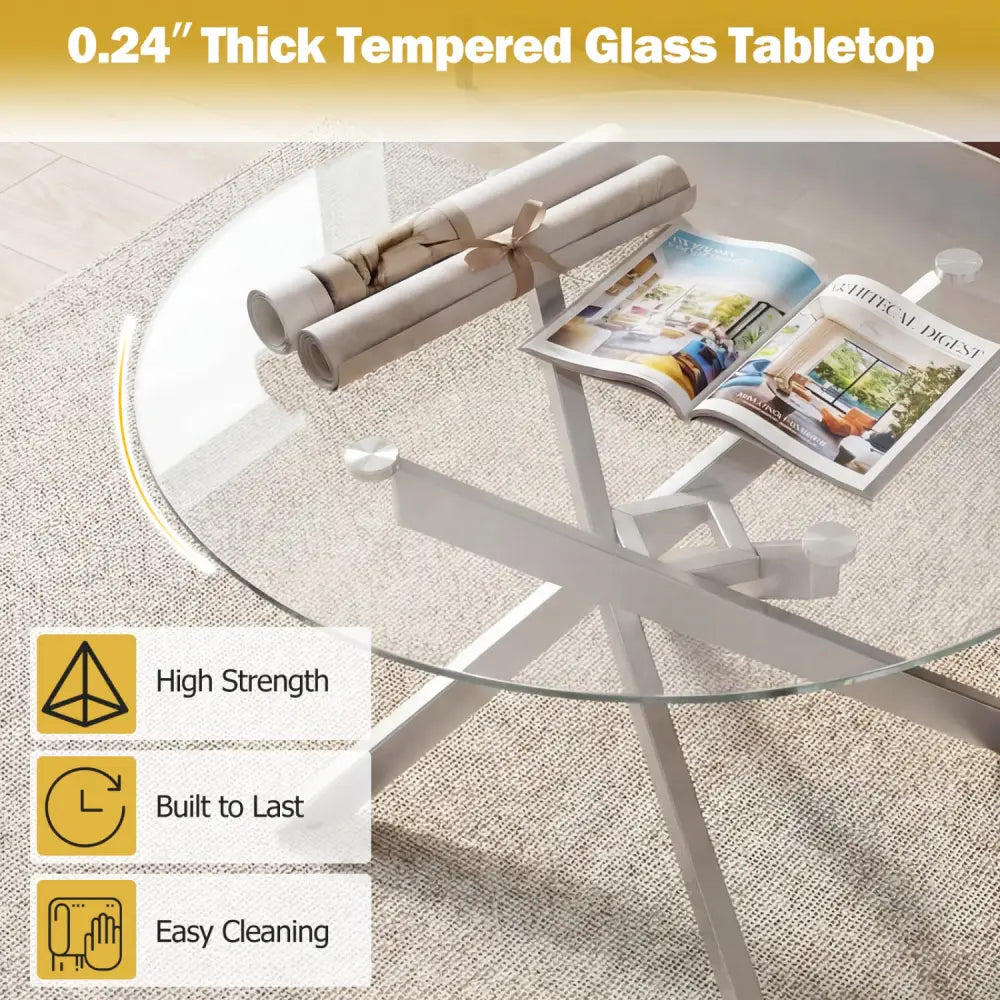 Glass Coffee Table Round Clear Center Table with Tempered Glass Top-Silver - Silver - Coffee Tables