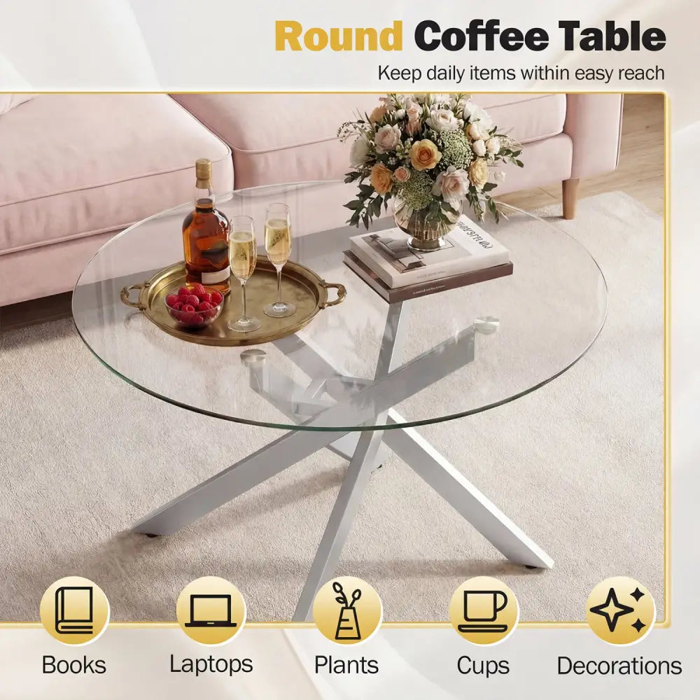 Glass Coffee Table Round Clear Center Table with Tempered Glass Top-Silver - Silver - Coffee Tables