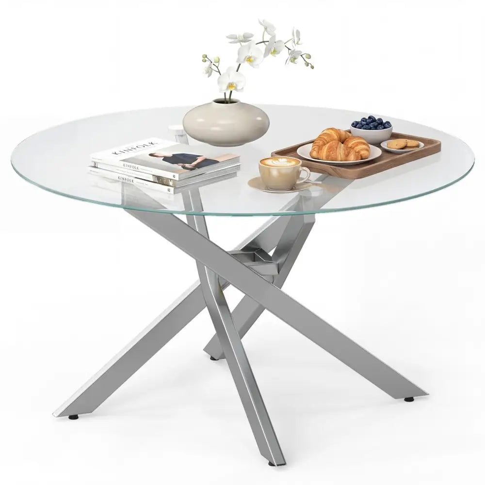 Glass Coffee Table Round Clear Center Table with Tempered Glass Top-Silver - Silver - Coffee Tables