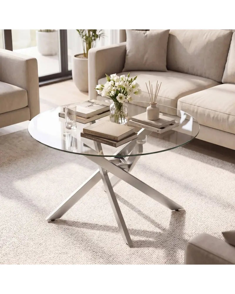 Glass Coffee Table Round Clear Center Table with Tempered Glass Top-Silver - Silver - Coffee Tables