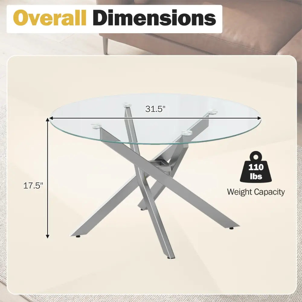 Glass Coffee Table Round Clear Center Table with Tempered Glass Top-Silver - Silver - Coffee Tables