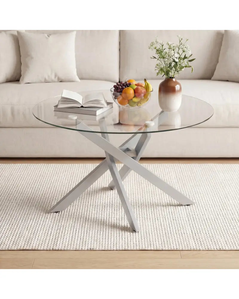 Glass Coffee Table Round Clear Center Table with Tempered Glass Top-Silver - Silver - Coffee Tables