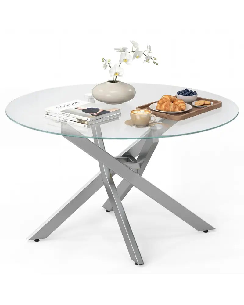 Glass Coffee Table Round Clear Center Table with Tempered Glass Top-Silver - Silver - Coffee Tables