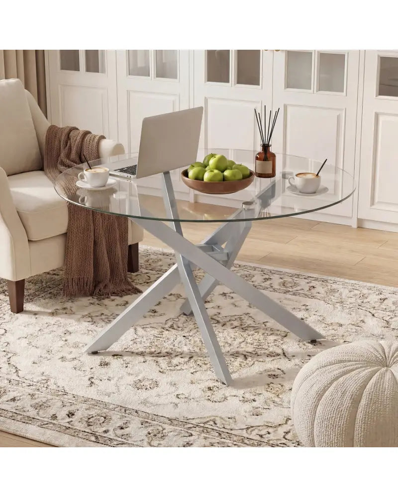 Glass Coffee Table Round Clear Center Table with Tempered Glass Top-Silver - Silver - Coffee Tables