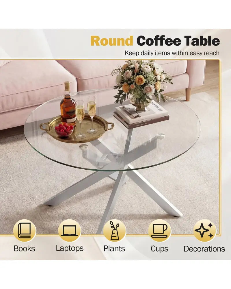 Glass Coffee Table Round Clear Center Table with Tempered Glass Top-Silver - Silver - Coffee Tables