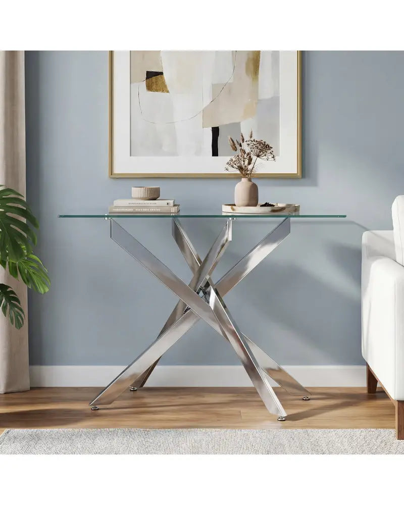 Glass Console Table Modern Entryway Table with Clear Tempered Glass Top-Silver - Silver - Console Tables