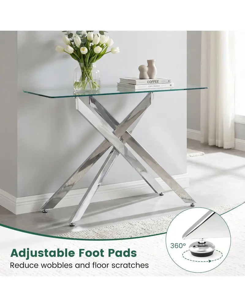 Glass Console Table Modern Entryway Table with Clear Tempered Glass Top-Silver - Silver - Console Tables