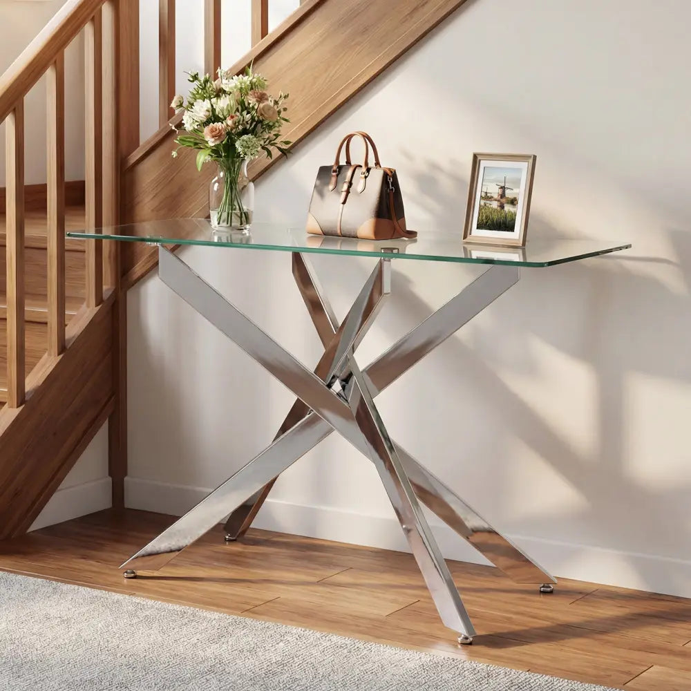 Glass Console Table Modern Entryway Table with Clear Tempered Glass Top-Silver - Silver - Console Tables