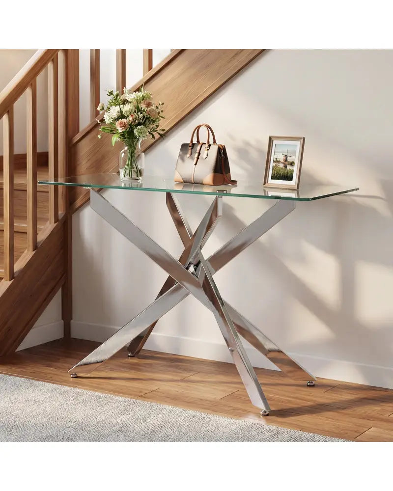 Glass Console Table Modern Entryway Table with Clear Tempered Glass Top-Silver - Silver - Console Tables