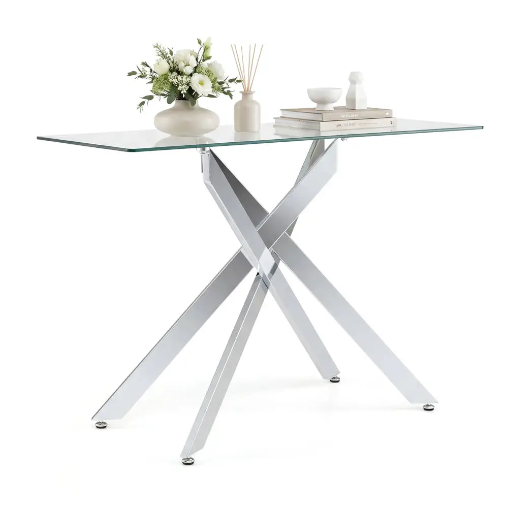 Glass Console Table Modern Entryway Table with Clear Tempered Glass Top-Silver - Silver - Console Tables