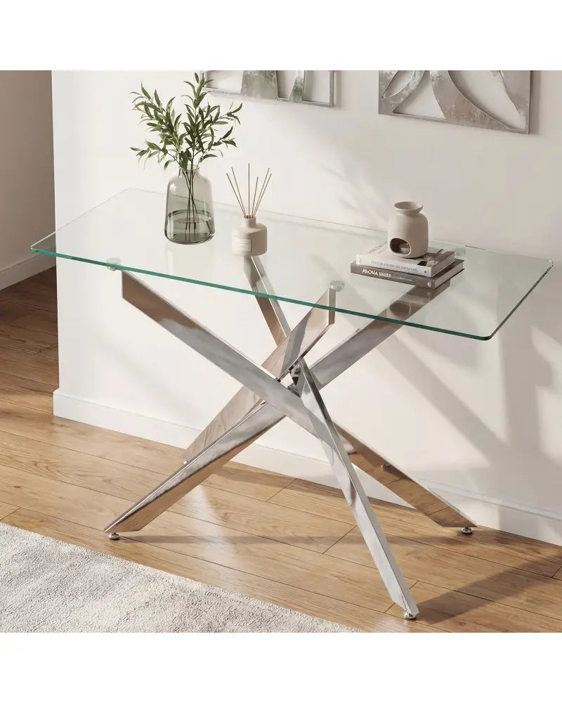 Glass Console Table Modern Entryway Table with Clear Tempered Glass Top-Silver - Silver - Console Tables