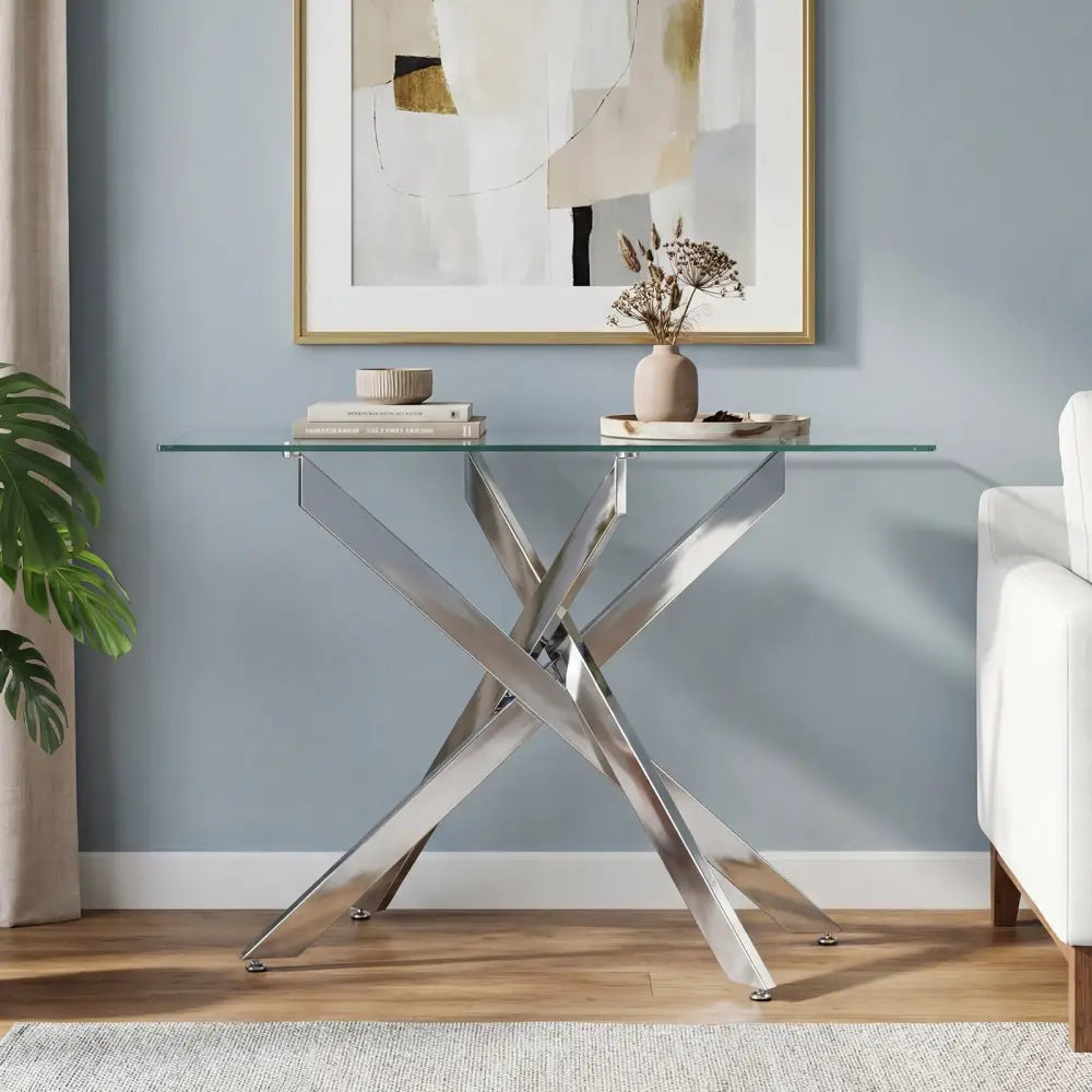 Glass Console Table Modern Entryway Table with Clear Tempered Glass Top-Silver - Silver - Console Tables