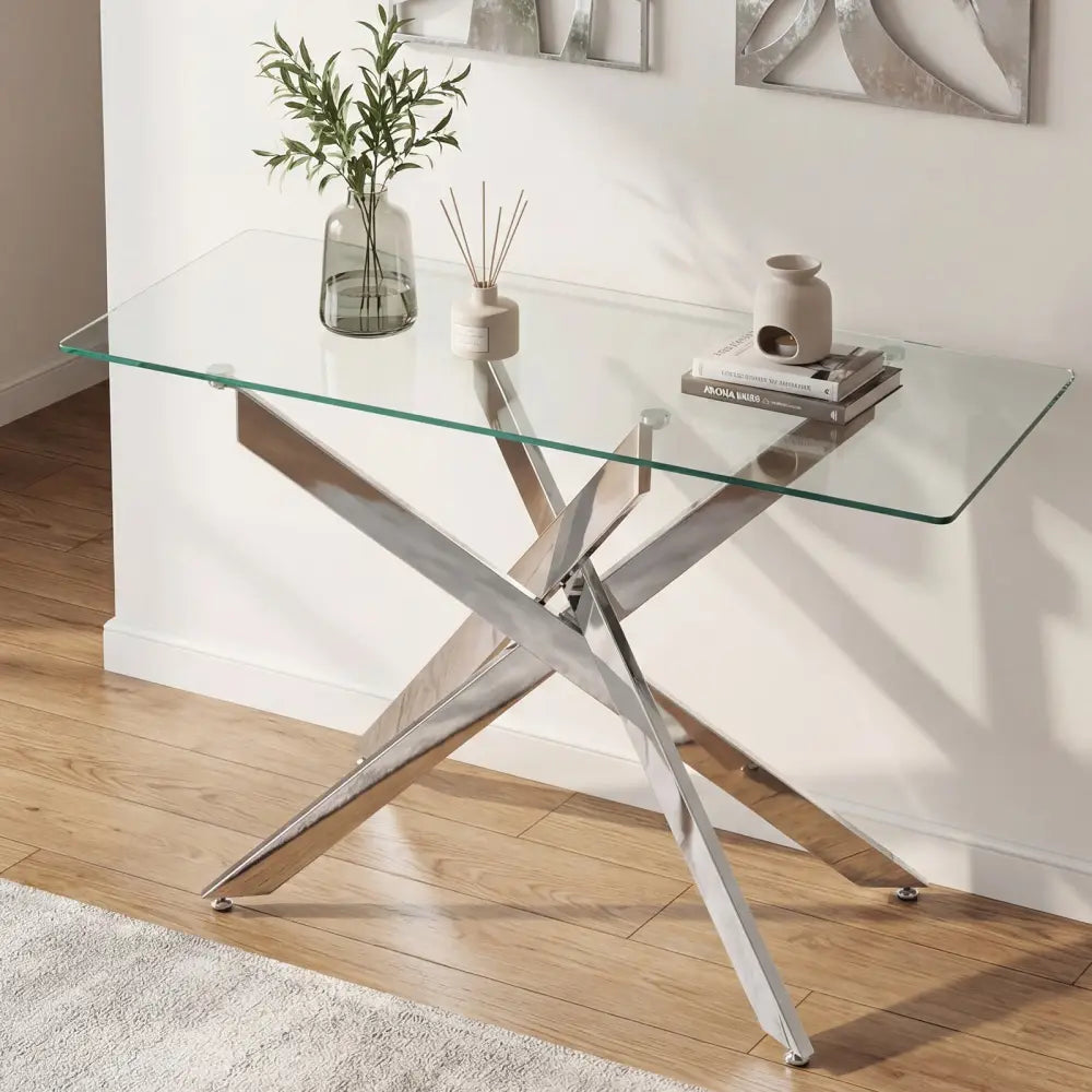 Glass Console Table Modern Entryway Table with Clear Tempered Glass Top-Silver - Silver - Console Tables