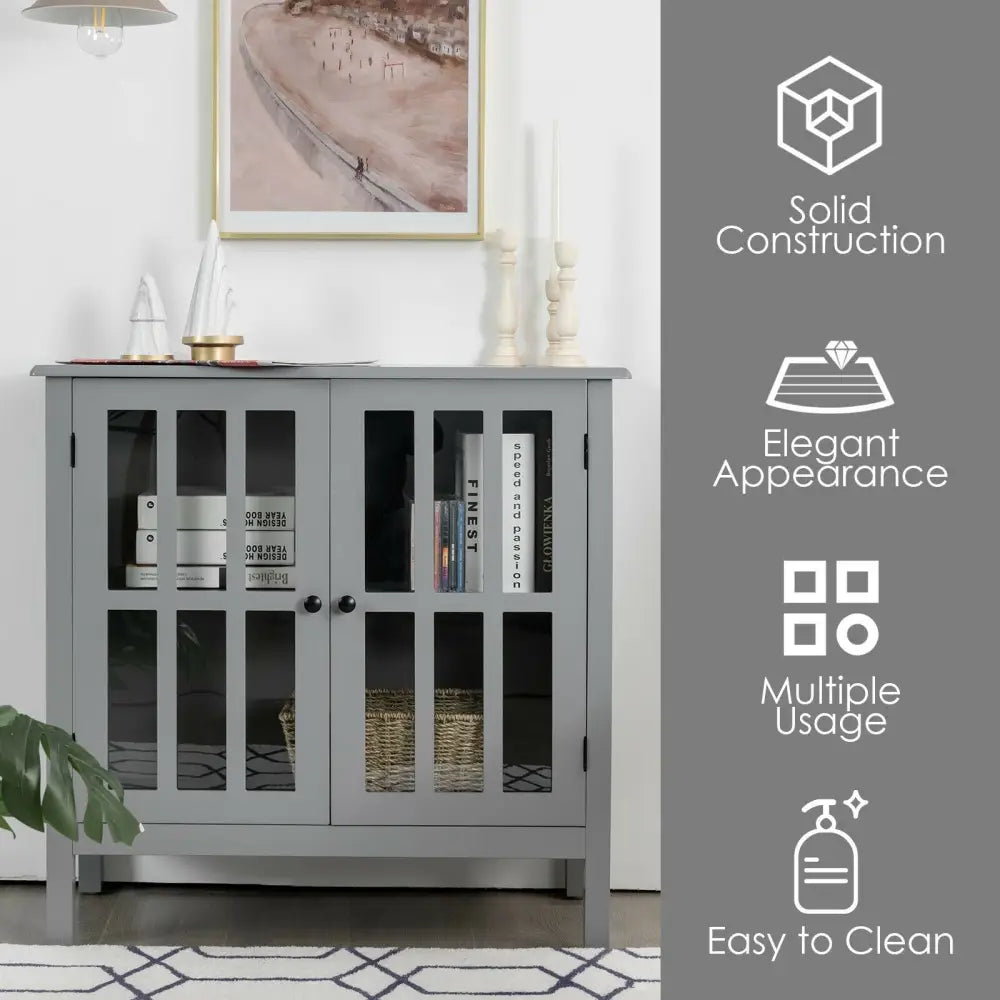 Glass Door Sideboard Console Storage Buffet Cabinet-Gray - Gray - Sideboards Cabinets & Buffets