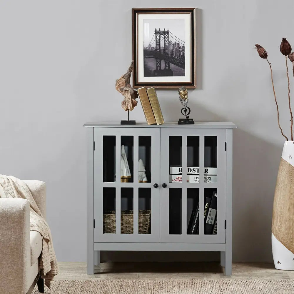 Glass Door Sideboard Console Storage Buffet Cabinet-Gray - Gray - Sideboards Cabinets & Buffets