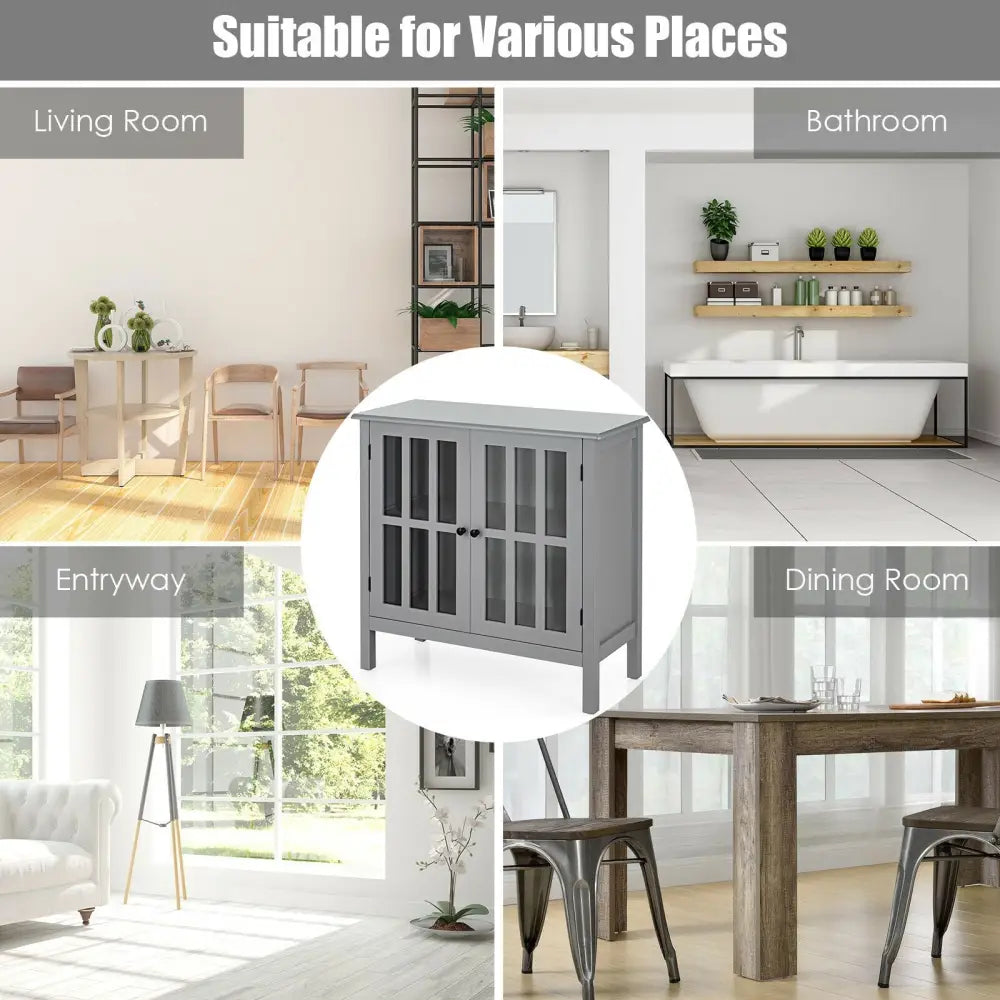 Glass Door Sideboard Console Storage Buffet Cabinet-Gray - Gray - Sideboards Cabinets & Buffets