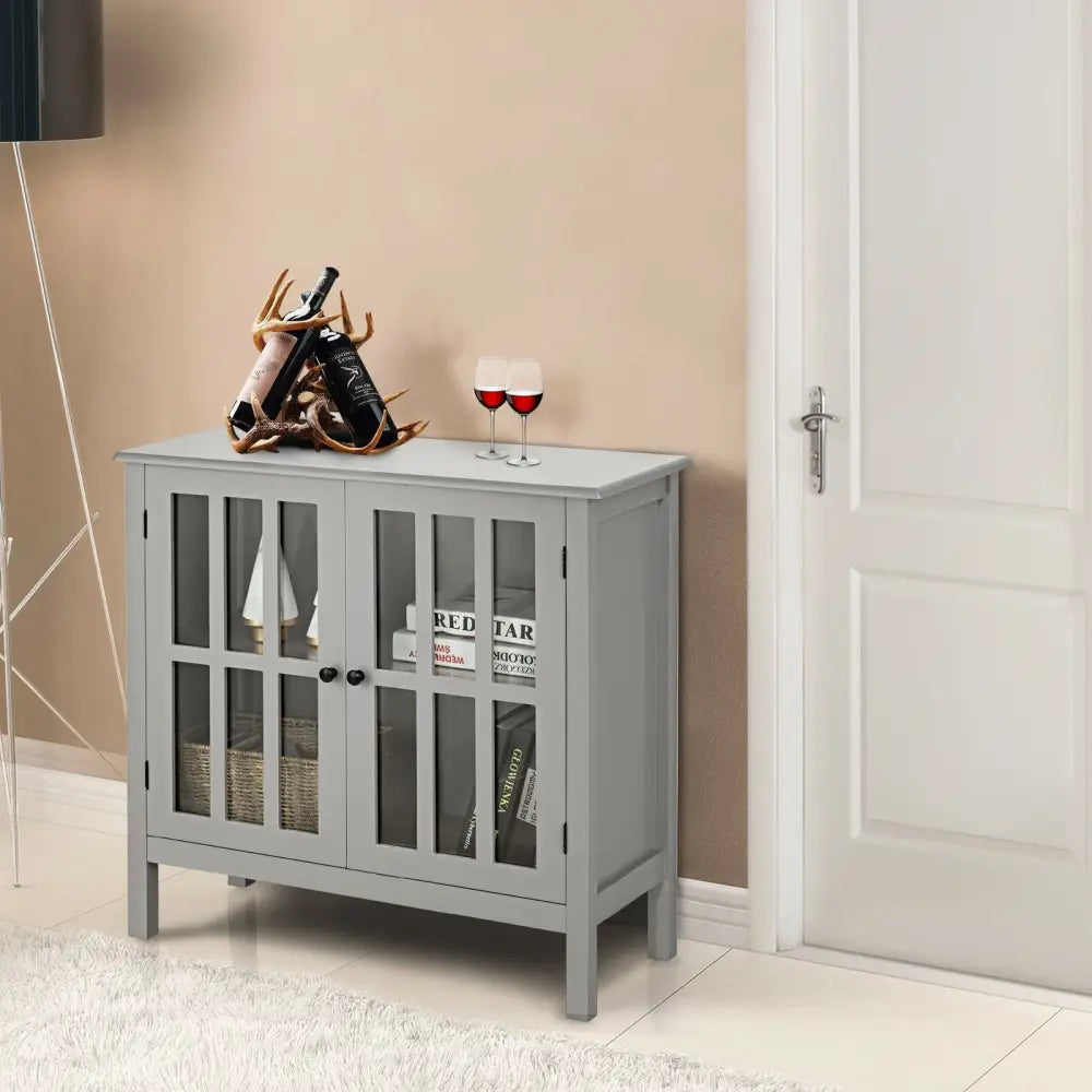 Glass Door Sideboard Console Storage Buffet Cabinet-Gray - Gray - Sideboards Cabinets & Buffets