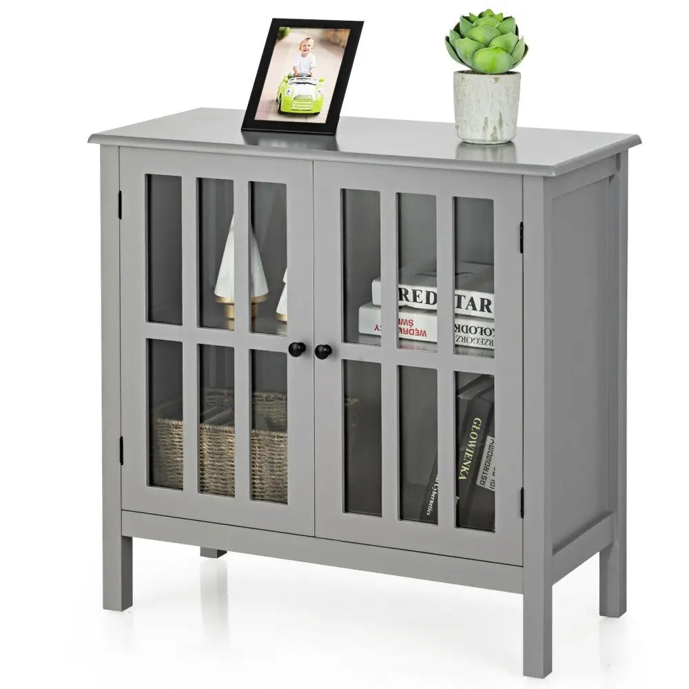 Glass Door Sideboard Console Storage Buffet Cabinet-Gray - Gray - Sideboards Cabinets & Buffets