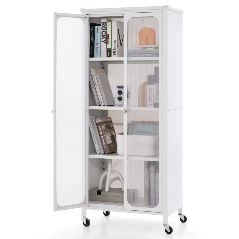 Glass Doors Storage Cabinet with Wheels and Adjustable Shelves-White - White - Cabinets & Chests
