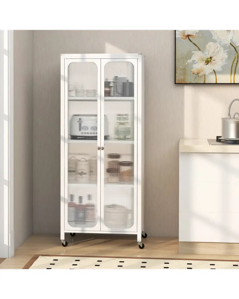 Glass Doors Storage Cabinet with Wheels and Adjustable Shelves-White - White - Cabinets & Chests
