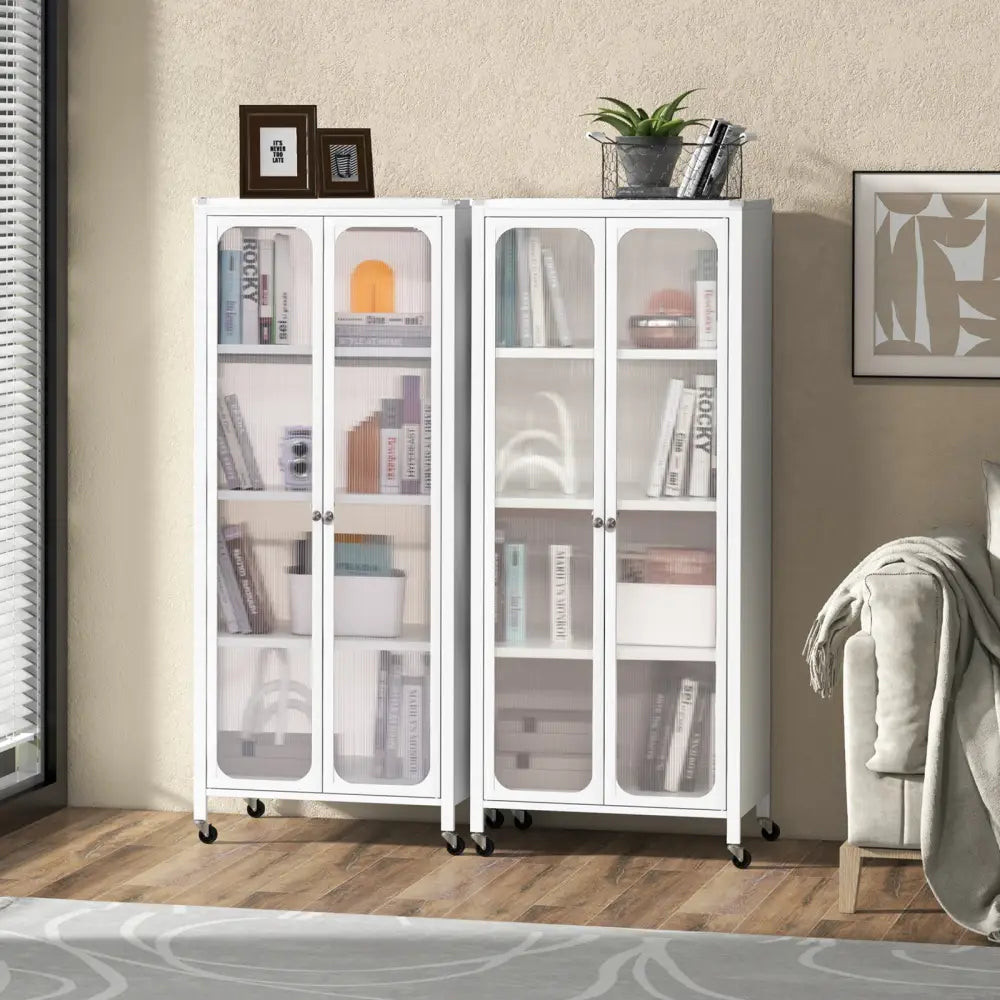 Glass Doors Storage Cabinet with Wheels and Adjustable Shelves-White - White - Cabinets & Chests