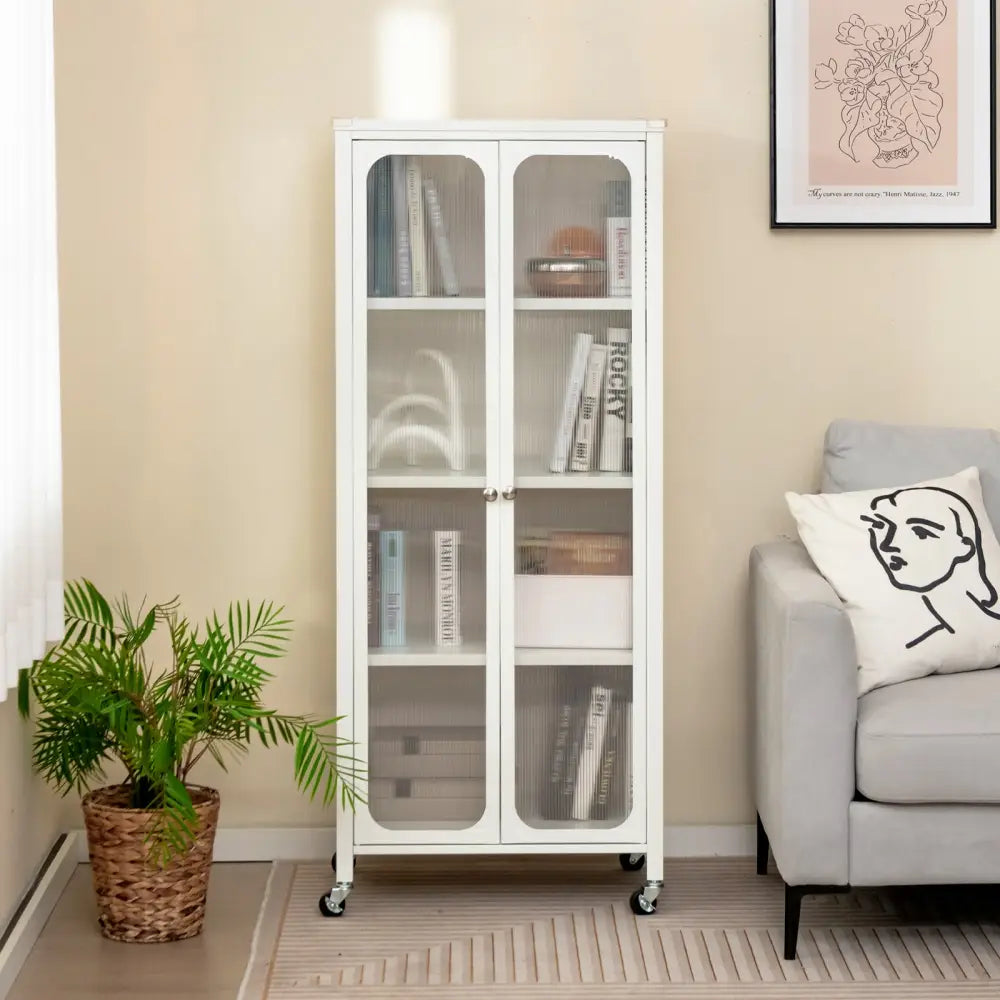 Glass Doors Storage Cabinet with Wheels and Adjustable Shelves-White - White - Cabinets & Chests