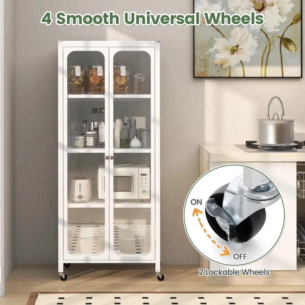 Glass Doors Storage Cabinet with Wheels and Adjustable Shelves-White - White - Cabinets & Chests