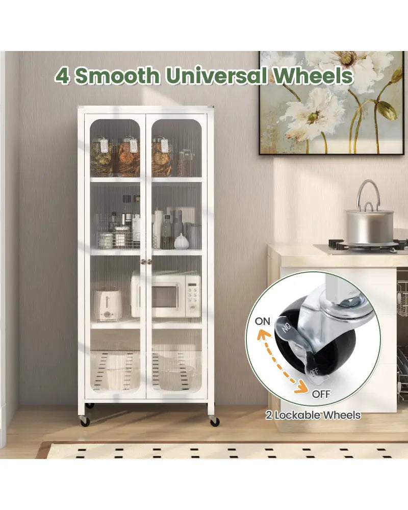 Glass Doors Storage Cabinet with Wheels and Adjustable Shelves-White - White - Cabinets & Chests