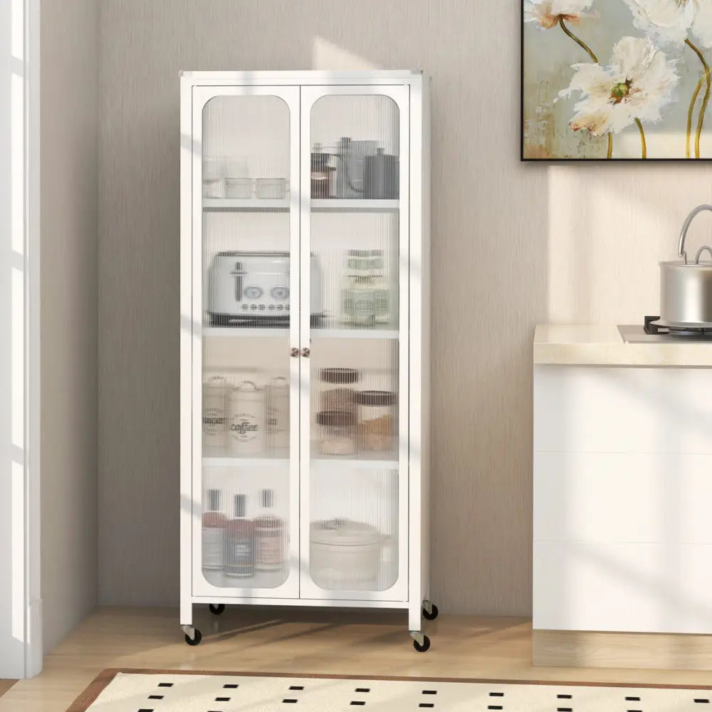 Glass Doors Storage Cabinet with Wheels and Adjustable Shelves-White - White - Cabinets & Chests
