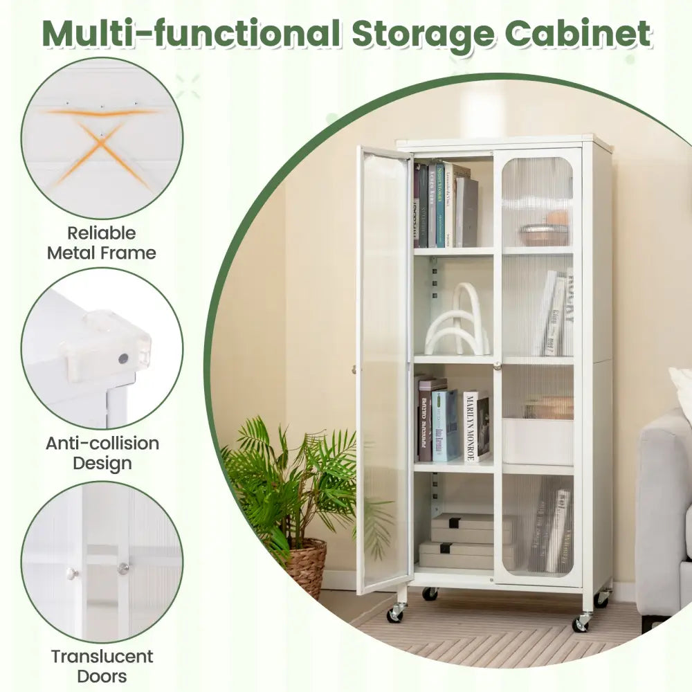 Glass Doors Storage Cabinet with Wheels and Adjustable Shelves-White - White - Cabinets & Chests