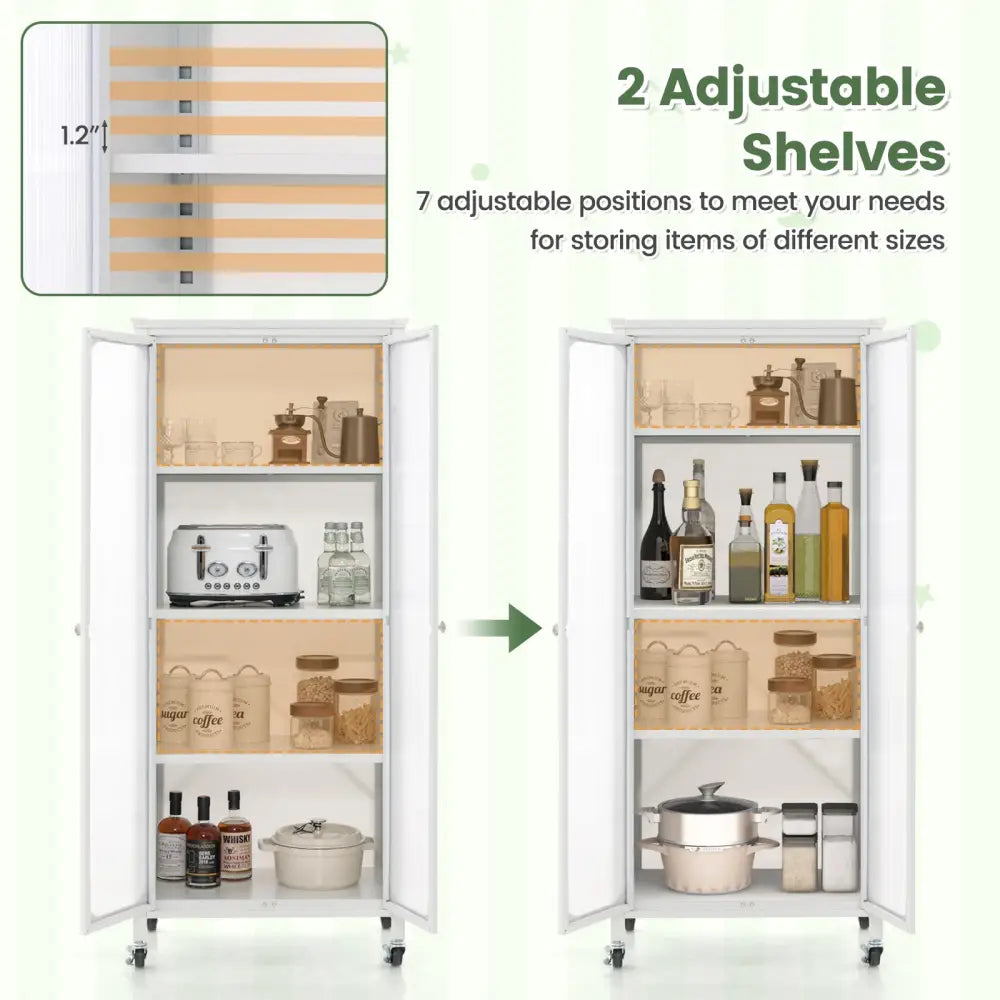 Glass Doors Storage Cabinet with Wheels and Adjustable Shelves-White - White - Cabinets & Chests