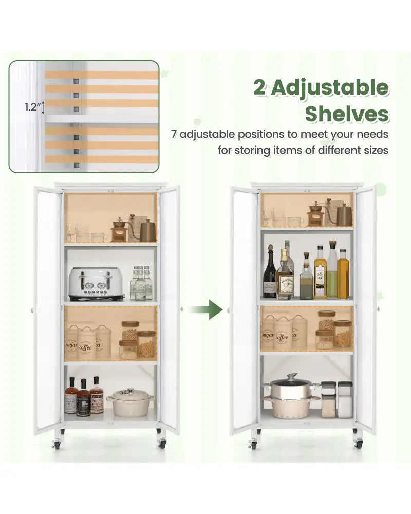 Glass Doors Storage Cabinet with Wheels and Adjustable Shelves-White - White - Cabinets & Chests