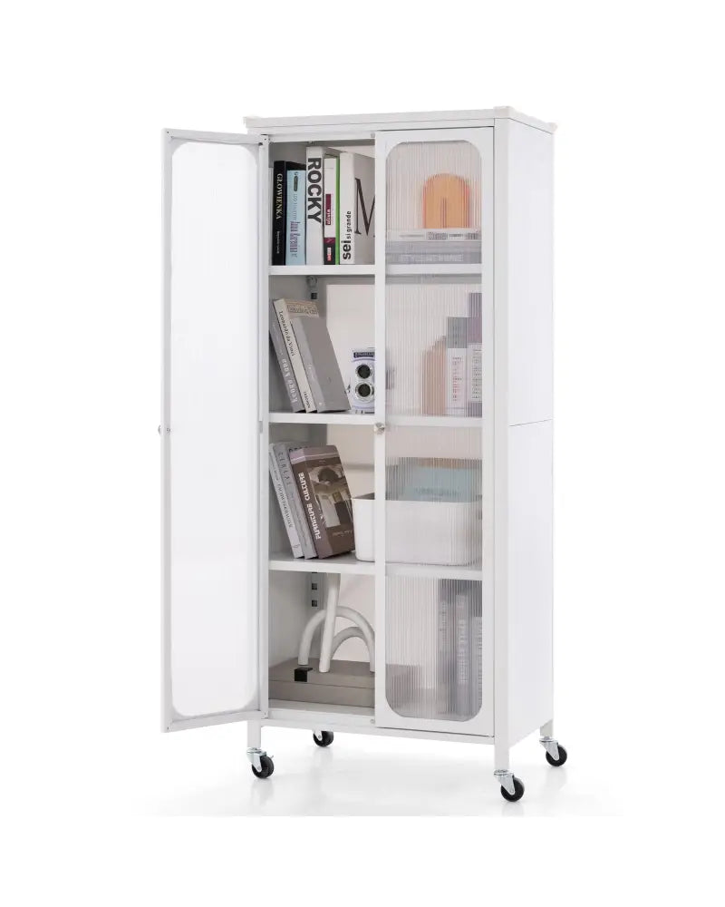 Glass Doors Storage Cabinet with Wheels and Adjustable Shelves-White - White - Cabinets & Chests