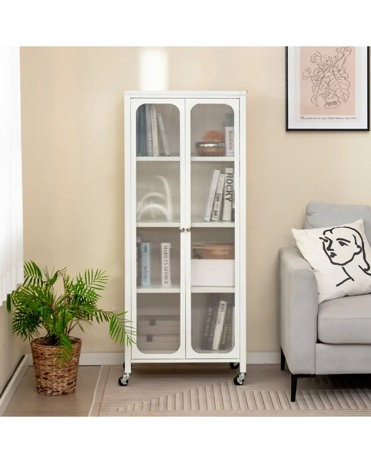 Glass Doors Storage Cabinet with Wheels and Adjustable Shelves-White - White - Cabinets & Chests