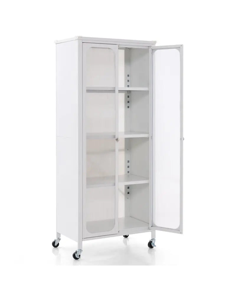 Glass Doors Storage Cabinet with Wheels and Adjustable Shelves-White - White - Cabinets & Chests