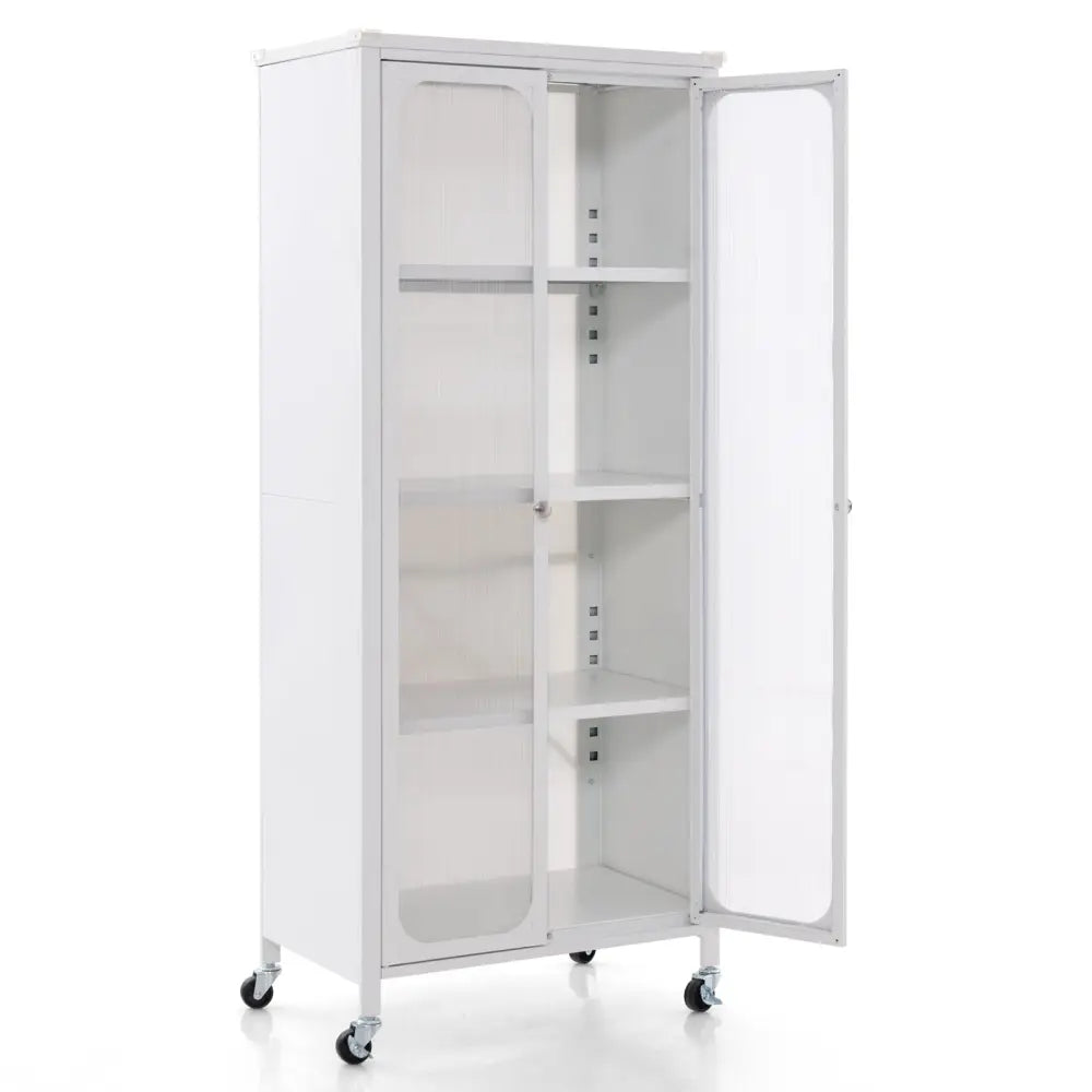 Glass Doors Storage Cabinet with Wheels and Adjustable Shelves-White - White - Cabinets & Chests