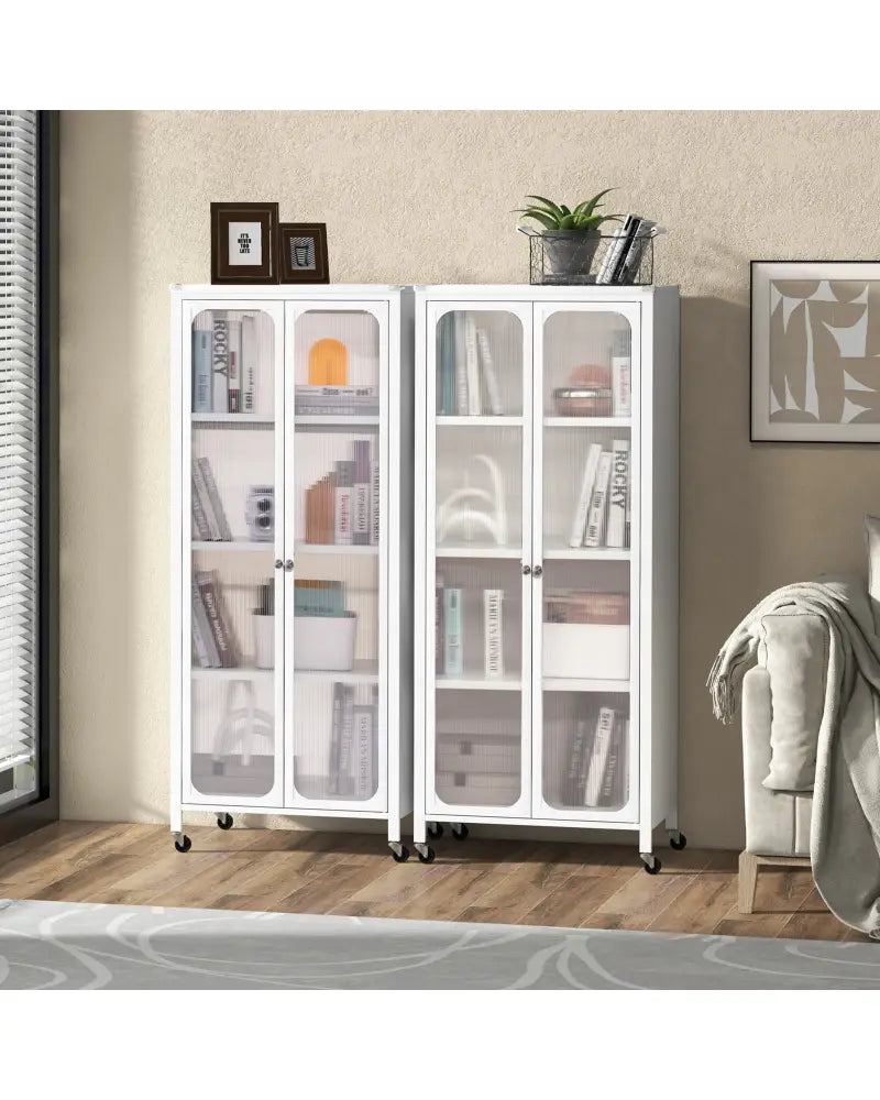 Glass Doors Storage Cabinet with Wheels and Adjustable Shelves-White - White - Cabinets & Chests