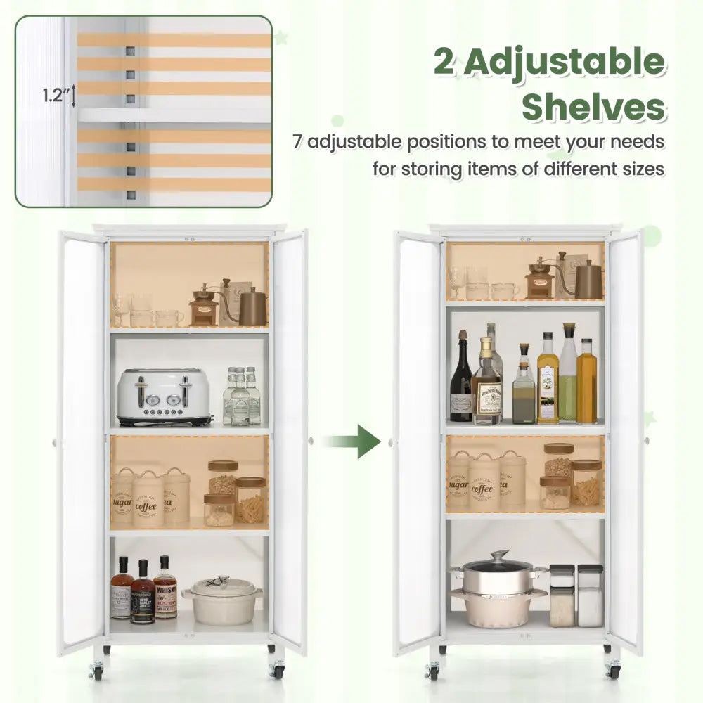 Glass Doors Storage Cabinet with Wheels and Adjustable Shelves-White - White - Cabinets & Chests