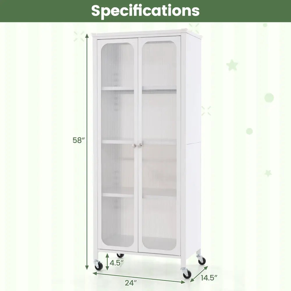 Glass Doors Storage Cabinet with Wheels and Adjustable Shelves-White - White - Cabinets & Chests