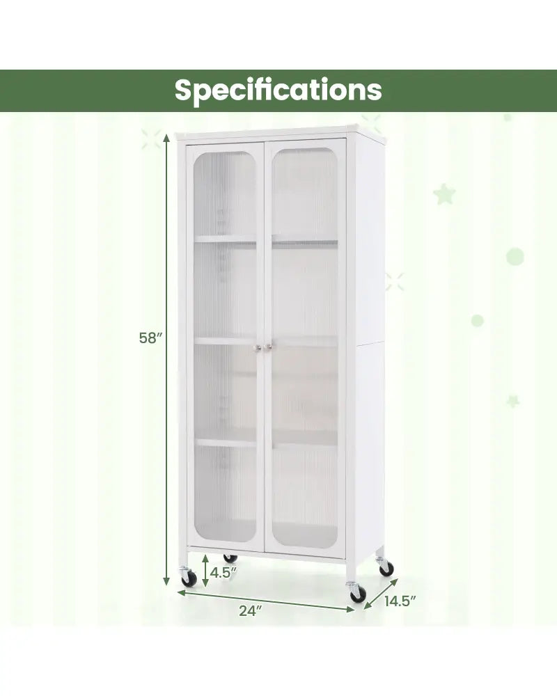 Glass Doors Storage Cabinet with Wheels and Adjustable Shelves-White - White - Cabinets & Chests
