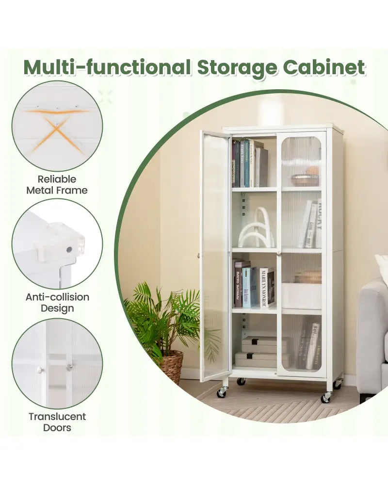 Glass Doors Storage Cabinet with Wheels and Adjustable Shelves-White - White - Cabinets & Chests