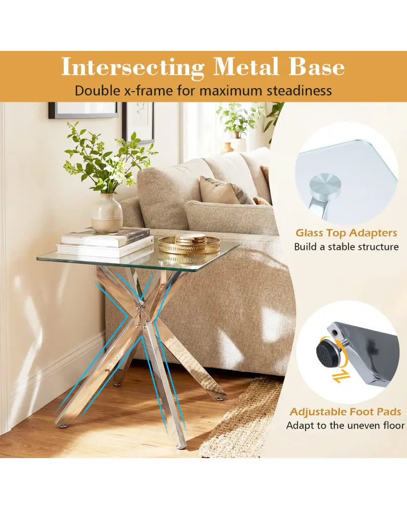 Glass Side Table Square End Table with Tempered Glass Top and Metal X Base-Silver - Silver - End & Side Tables