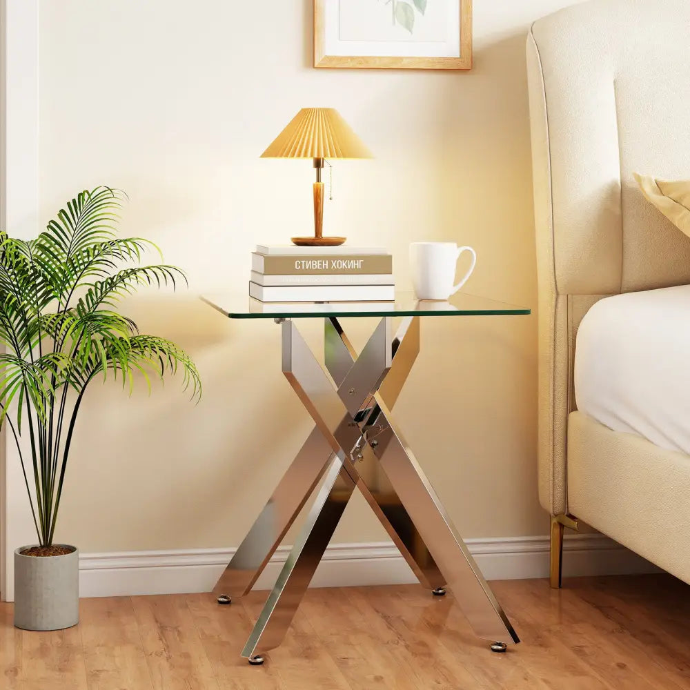 Glass Side Table Square End Table with Tempered Glass Top and Metal X Base-Silver - Silver - End & Side Tables