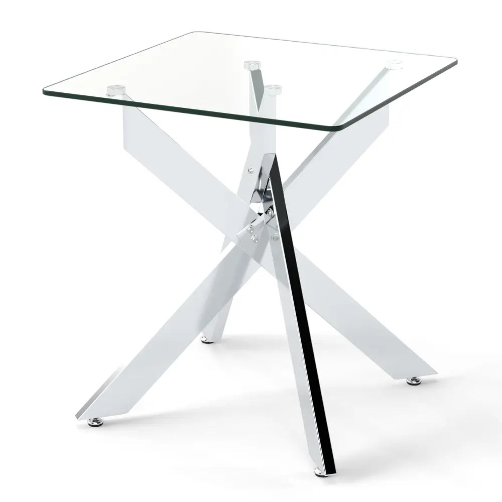 Glass Side Table Square End Table with Tempered Glass Top and Metal X Base-Silver - Silver - End & Side Tables