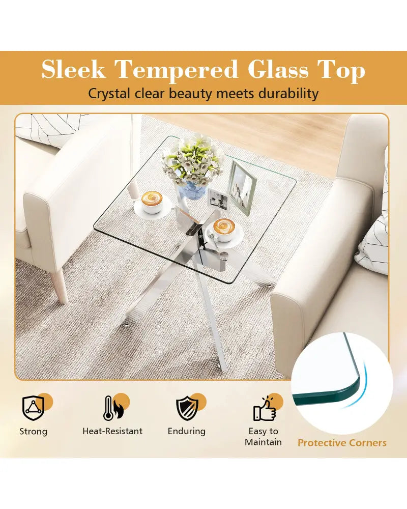 Glass Side Table Square End Table with Tempered Glass Top and Metal X Base-Silver - Silver - End & Side Tables