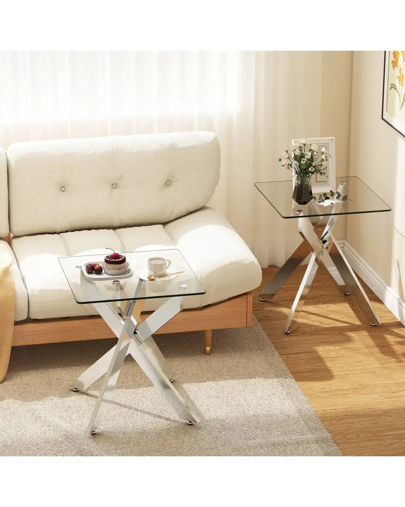 Glass Side Table Square End Table with Tempered Glass Top and Metal X Base-Silver - Silver - End & Side Tables