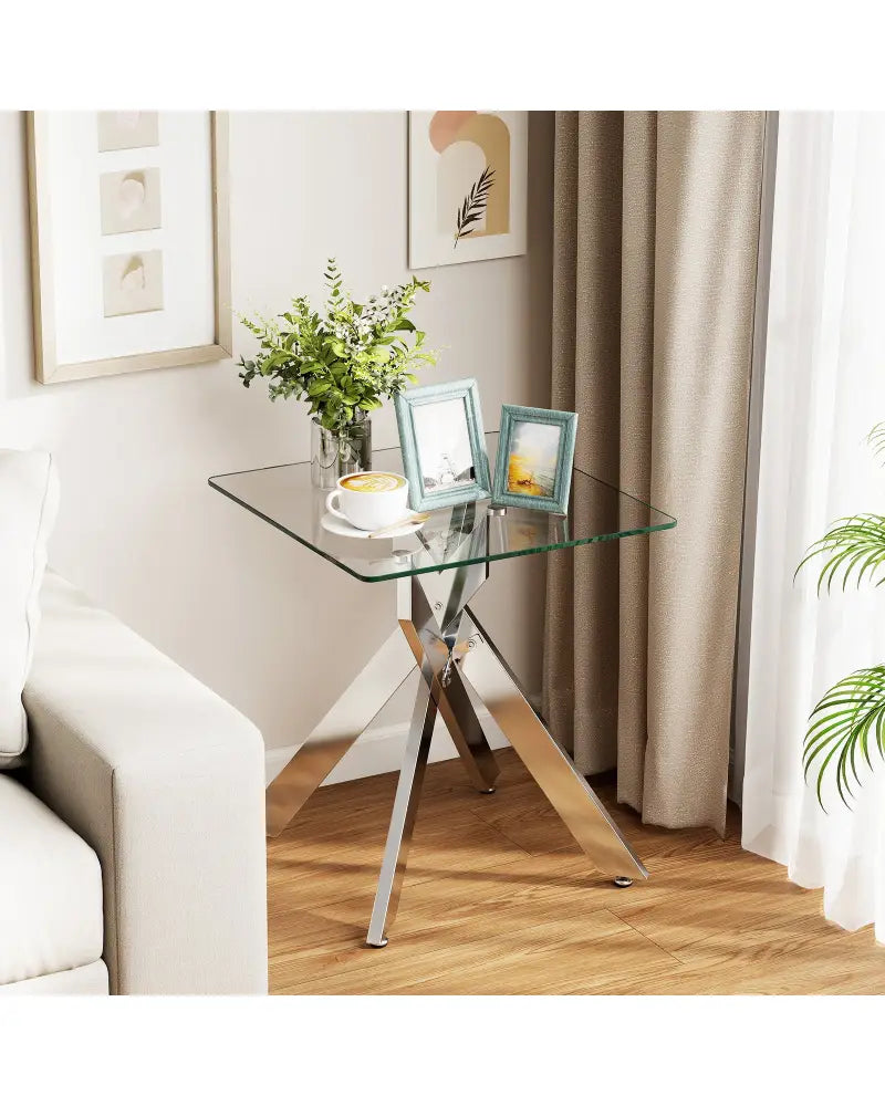Glass Side Table Square End Table with Tempered Glass Top and Metal X Base-Silver - Silver - End & Side Tables