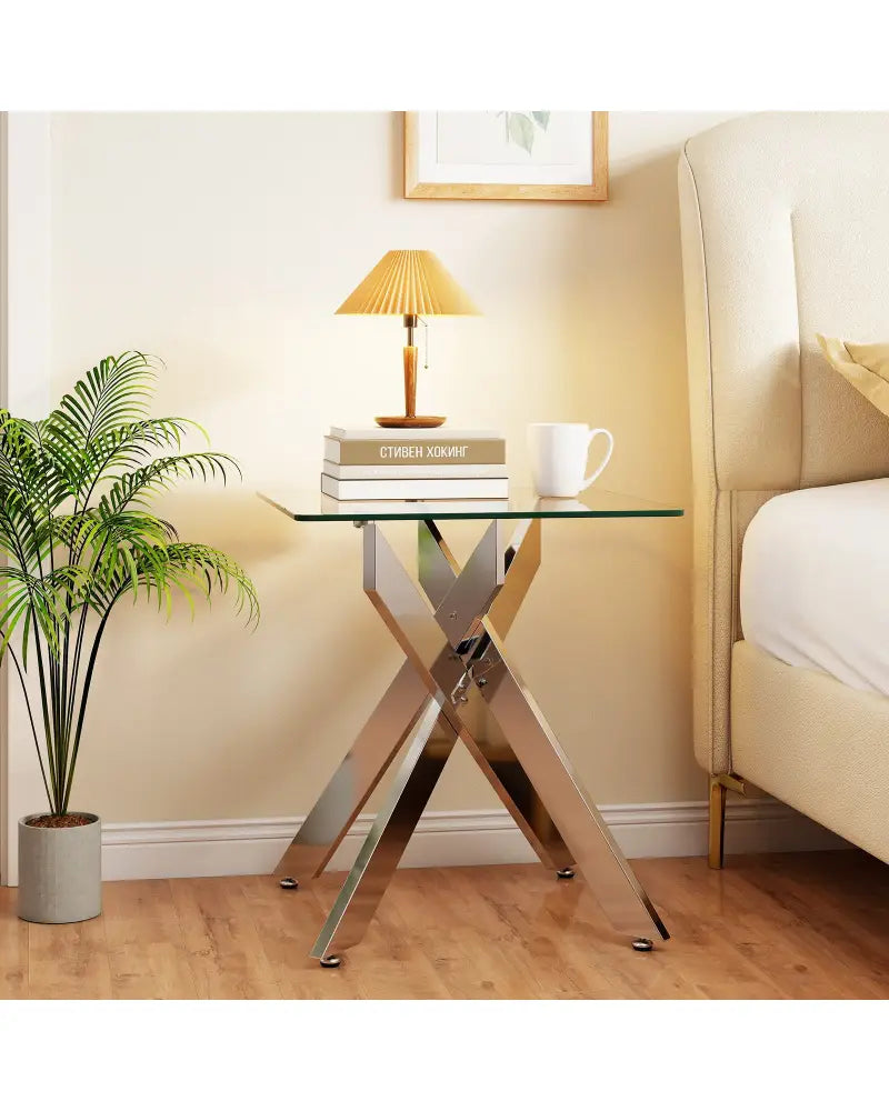 Glass Side Table Square End Table with Tempered Glass Top and Metal X Base-Silver - Silver - End & Side Tables