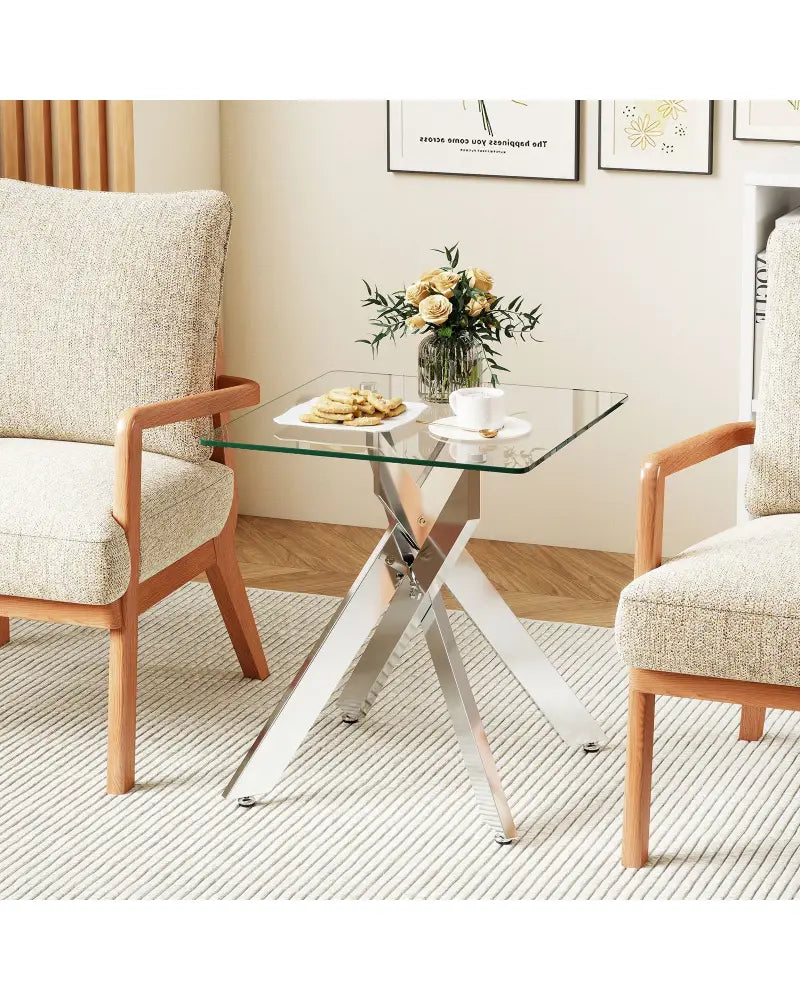 Glass Side Table Square End Table with Tempered Glass Top and Metal X Base-Silver - Silver - End & Side Tables