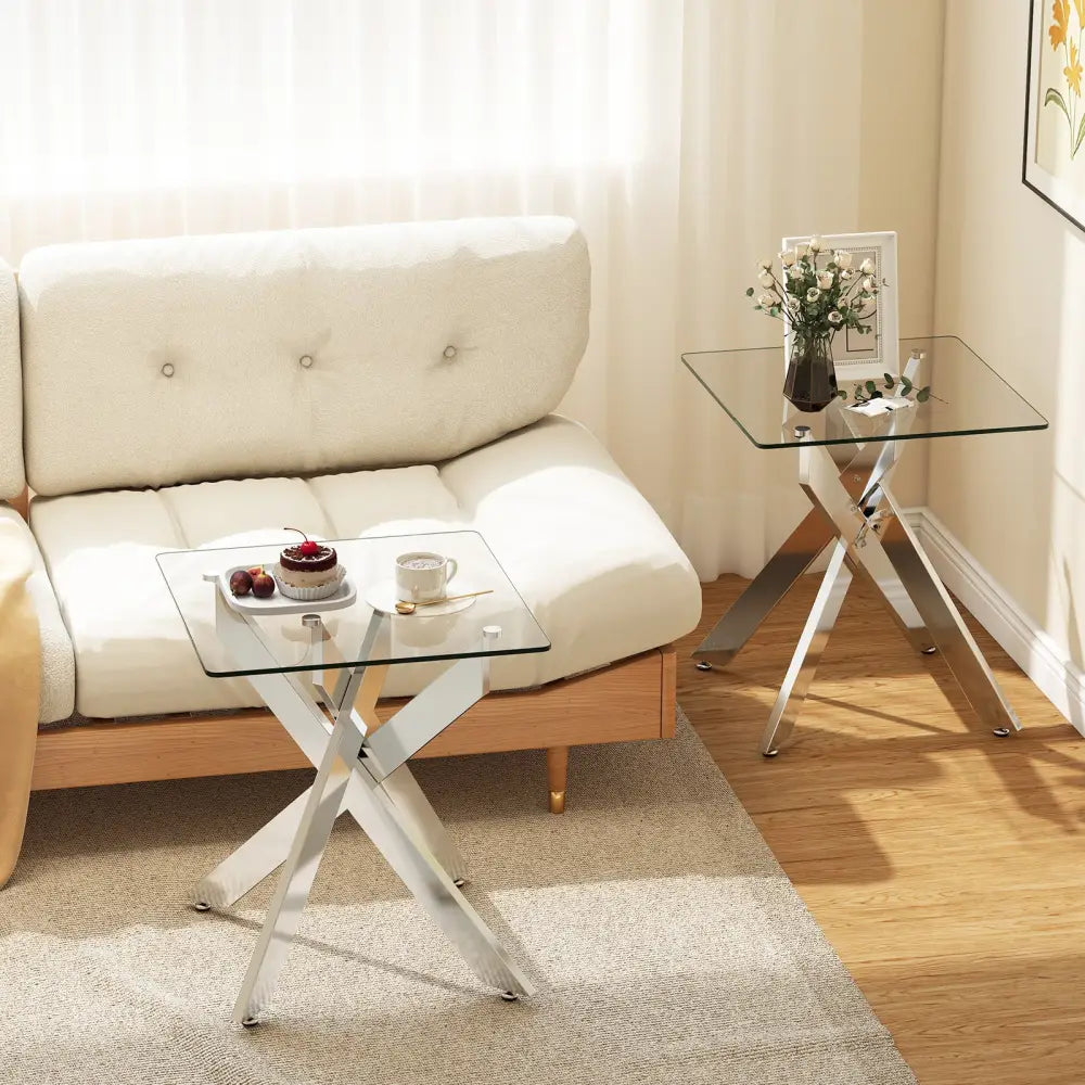 Glass Side Table Square End Table with Tempered Glass Top and Metal X Base-Silver - Silver - End & Side Tables